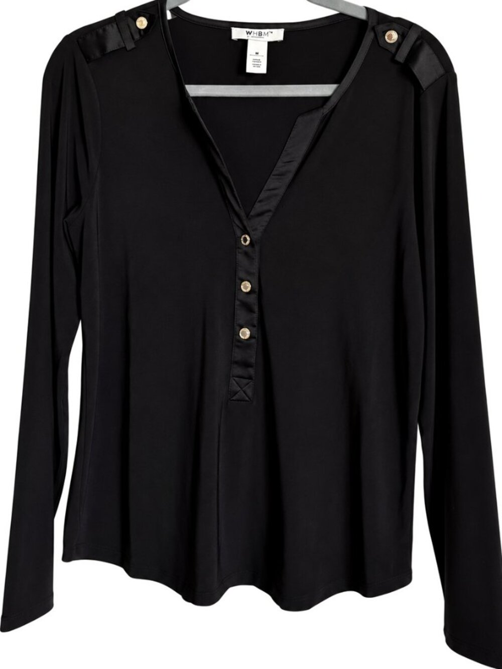 WHBM Black Satin Trim Henley Long Sleeve Top Size M